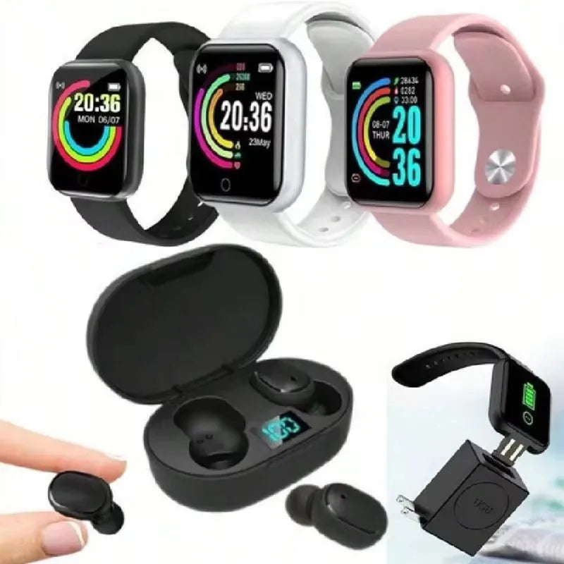 AcheinaWeb Preto Kit Relógio Inteligente Smartwatch D20 Unissex + Fone de Ouvido Bluetooth