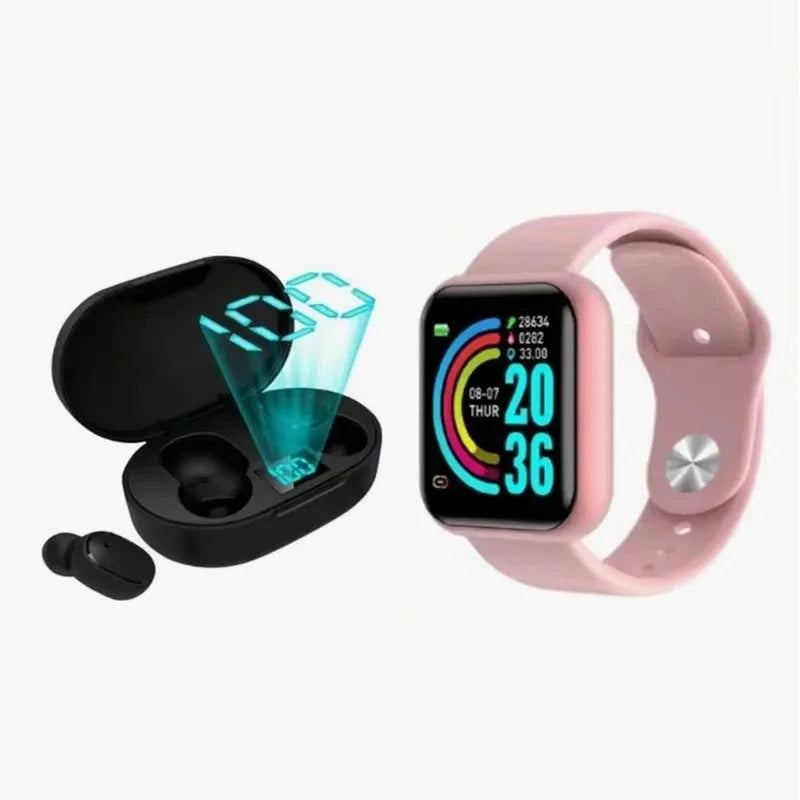 AcheinaWeb Vermelho Kit Relógio Inteligente Smartwatch D20 Unissex + Fone de Ouvido Bluetooth