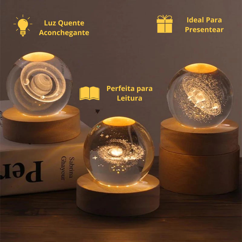 Luminária Esfera de Cristal Planetária 3D - Base de Madeira